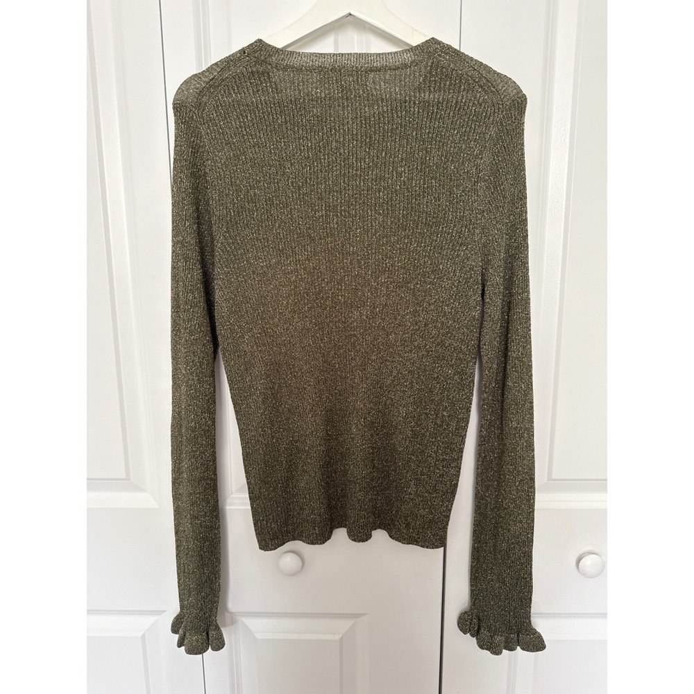 Boden Olive Green Metallic Thread Sweater Sz XL Ruffle Sleeves Semi Sheer Luxury - Picture 5 of 8